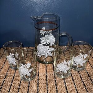 Vintage Libbey Glasses & Water Pitcher Gold Trim White Etched Flowers
